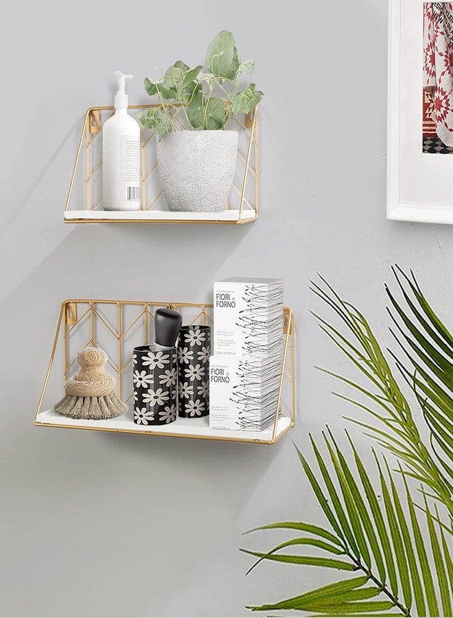 ZGZD White Versatile Wood Floating Shelf with Gold Metal Wire Frame - Stylish Wall Decor and Storage Solution for Living Room, Bedroom, Bathroom, Kitchen, Office, Set of 2 - Image 3
